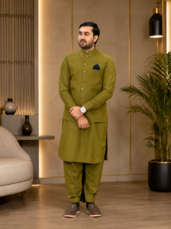 Olive Green -Exclusive Kameez Shalwar & Waistcoat