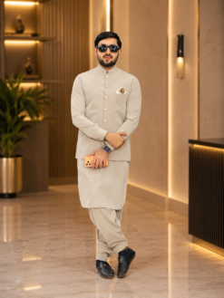 Ivory Beige -Exclusive Kameez Shalwar & Waistcoat
