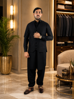 Jet Black Exclusive Kameez Shalwar & WaistCoat